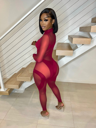 Wine Red Sexy See Through Mesh Stitching Jumpsuit