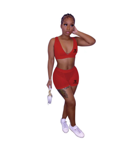 Red Casual Sexy Sports Print Nightclub V Neck Vest Crop Top Two Piece Short Sets