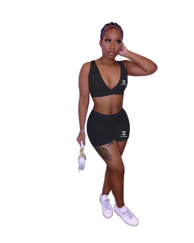 Black Casual Sexy Sports Print Nightclub V Neck Vest Crop Top Two Piece Short Sets