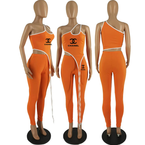 Orange Fashion Printed Irregular Line Trim Sleeveless Two-Piece Set
