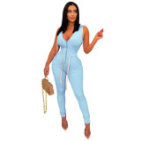 Light Blue Fashion Eyelet Tie Zip Solid Color Sleeveless V Neck Hoodie Jumpsuit