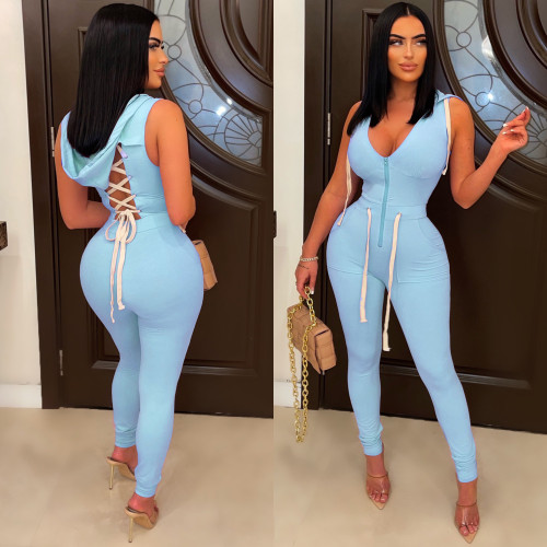 Light Blue Fashion Eyelet Tie Zip Solid Color Sleeveless V Neck Hoodie Jumpsuit