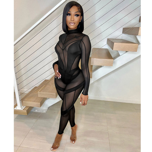 Black Sexy See Through Mesh Stitching Jumpsuit