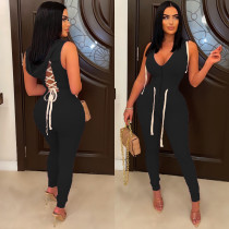 Black Fashion Eyelet Tie Zip Solid Color Sleeveless V Neck Hoodie Jumpsuit
