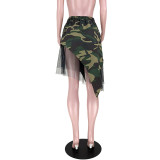 Street Style Camouflage Irregular Mesh Plaid Bandage Skirt Women