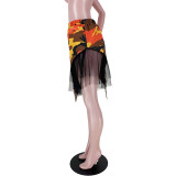 Street Style Camouflage Irregular Mesh Plaid Bandage Skirt Women