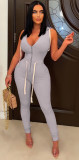 Grey Fashion Eyelet Tie Zip Solid Color Sleeveless V Neck Hoodie Jumpsuit