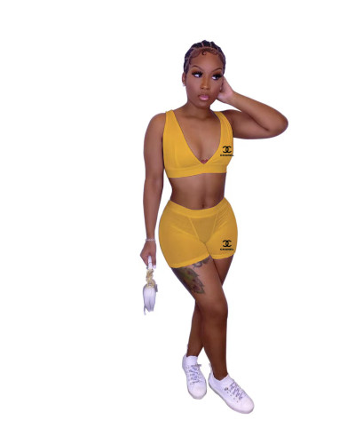 Yellow Casual Sexy Sports Print Nightclub V Neck Vest Crop Top Two Piece Short Sets