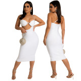 Sexy Straps Shoulder Drop Hot Drilling Cut Out Midi Dress White