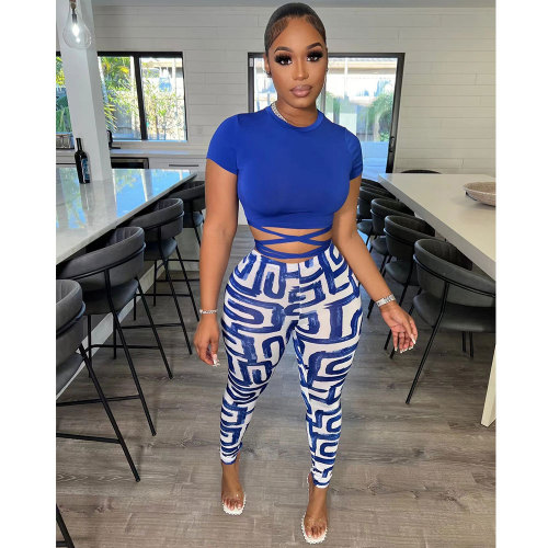 Women's Casual Printed Short Sleeve Crop Top And Pants 2 Piece Sets
