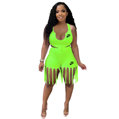 Fluorescent Green Solid Printed Tank Top+Tassel Shorts Two Piece Sets
