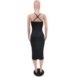 Sexy Straps Shoulder Drop Hot Drilling Cut Out Midi Dress Black