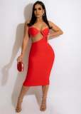 Sexy Straps Shoulder Drop Hot Drilling Cut Out Midi Dress Red