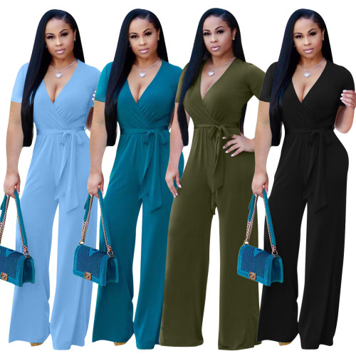 Black Women's Short Sleeve V Neck Jumpsuit