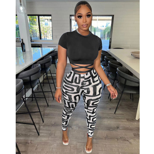 Women's Casual Printed Short Sleeve Crop Top And Pants 2 Piece Sets