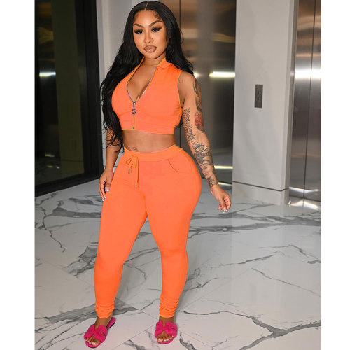 Orange Solid Sleeveless Zipper Crop Top And Long Pants 2 Piece Sets with Pockets