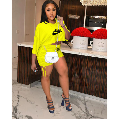 Yellow High Waist Side Drawstring Solid Long Sleeve Printed Two Piece Sets