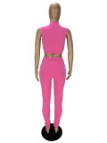 Pink Solid Sleeveless Zipper Crop Top And Long Pants 2 Piece Sets with Pockets
