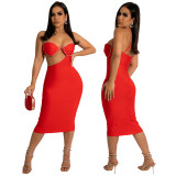 Sexy Straps Shoulder Drop Hot Drilling Cut Out Midi Dress Red