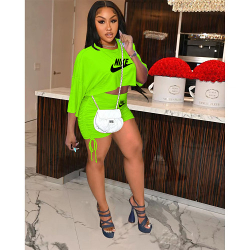 Fluorescent Green High Waist Side Drawstring Solid Long Sleeve Printed Two Piece Sets