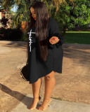 Black Plus Size Round Neck Printed Falbala Half Sleeve A-Line Women's Dress