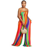 Random Print Strapless Wrap Backless Wide Leg Jumpsuit with Pockets