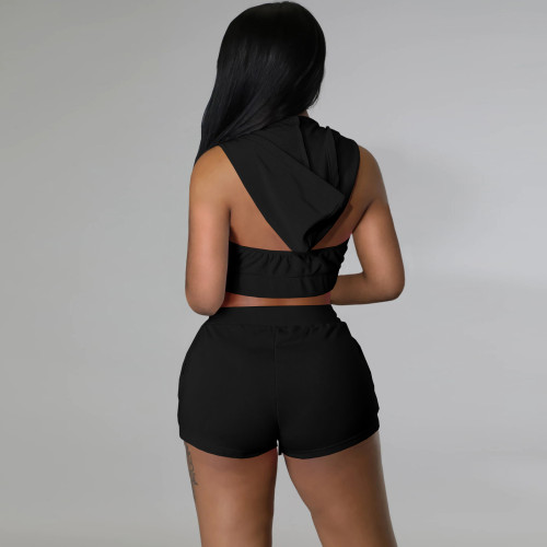 Black 2 Piece Zipper Cut Out Shoulder Cropped Hoodie Top and Shorts Tracksuit
