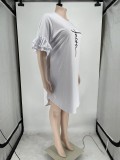 White Plus Size Round Neck Printed Falbala Half Sleeve A-Line Women's Dress