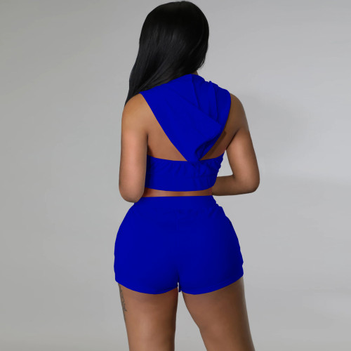 Royal Blue 2 Piece Zipper Cut Out Shoulder Cropped Hoodie Top and Shorts Tracksuit