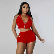 Red 2 Piece Zipper Cut Out Shoulder Cropped Hoodie Top and Shorts Tracksuit