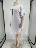White Plus Size Round Neck Printed Falbala Half Sleeve A-Line Women's Dress