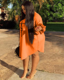 Orange Plus Size Round Neck Printed Falbala Half Sleeve A-Line Women's Dress