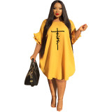 Yellow Plus Size Round Neck Printed Falbala Half Sleeve A-Line Women's Dress