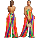 Random Print Strapless Wrap Backless Wide Leg Jumpsuit with Pockets