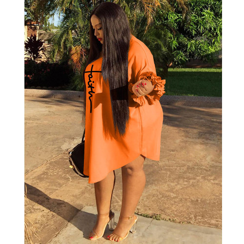 Orange Plus Size Round Neck Printed Falbala Half Sleeve A-Line Women's Dress