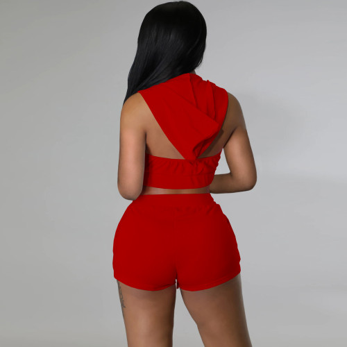 Red 2 Piece Zipper Cut Out Shoulder Cropped Hoodie Top and Shorts Tracksuit