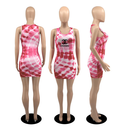 Women Sleeveless Mini Dresses Summer Colorful Print U Neck Bodycon Dress