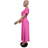 Pink Solid O Neck Short Sleeve Zip Crop Top Slit Pleated Skirt Two Pieces