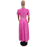 Pink Solid O Neck Short Sleeve Zip Crop Top Slit Pleated Skirt Two Pieces