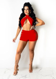 Red Sexy Solid Lace-up Hollowed Out Backless Halter Sleeveless Two Pieces Sets