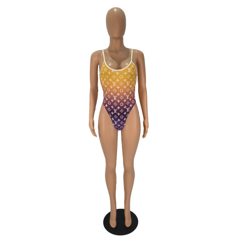 Sexy Beach Gradient Print V One Piece Tight Swimsuit Rompers