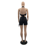 Black Sexy Solid Lace-up Hollowed Out Backless Halter Sleeveless Two Pieces Sets