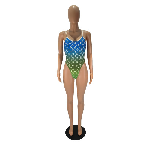 Sexy Beach Gradient Print V One Piece Tight Swimsuit Rompers