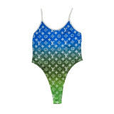 Sexy Beach Gradient Print V One Piece Tight Swimsuit Rompers