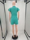 Green Straight Type Woven Short Sleeve Shorts Rompers with Pockets