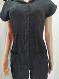 Black Straight Type Woven Short Sleeve Shorts Rompers with Pockets