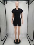 Black Straight Type Woven Short Sleeve Shorts Rompers with Pockets