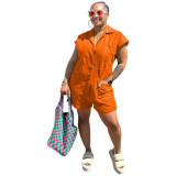 Orange Straight Type Woven Short Sleeve Shorts Rompers with Pockets