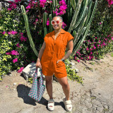 Orange Straight Type Woven Short Sleeve Shorts Rompers with Pockets