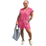 Pink Straight Type Woven Short Sleeve Shorts Rompers with Pockets